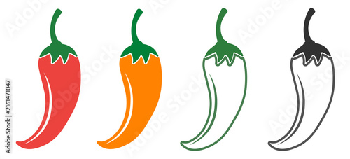 Colorful chili pepper vector icons set isolated on black background, hot spicy food symbol collection