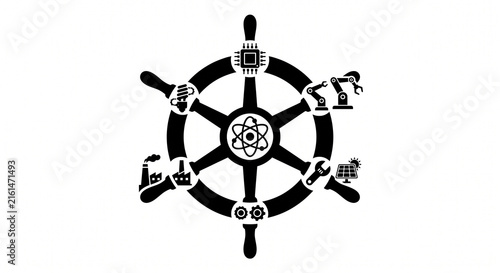 Ship wheel vector graphic integrating various industrial and technology icons around its handles.