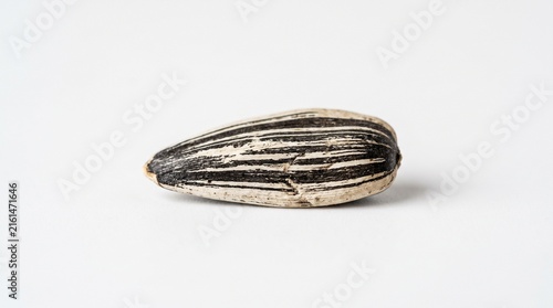 Single sunflower seed on plain white background, elongated oval shape with pointed end, striped black and beige shell, minimal composition highlighting texture and detail.