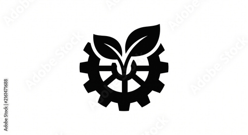 Gear cog vector icon featuring green energy leaves sprouting from its center to symbolize sustainable industrial technology.