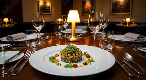 Elegant restaurant table setting with gourmet food and wine glasses