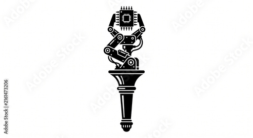 Robotic arm torch holding a microchip symbolizes advanced technology and automation.