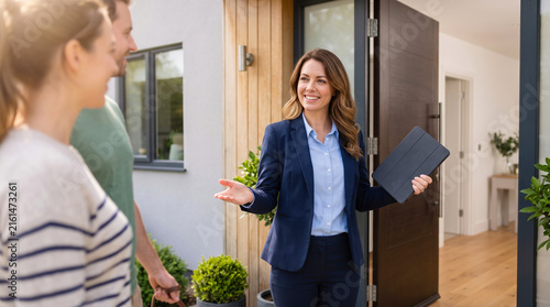 A real estate agent stands at the entrance of a modern house. She greets two clients with a smile while holding a tablet. The scene takes place during the day, with natural light