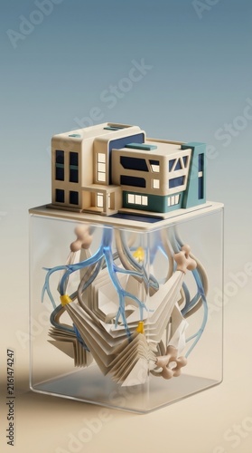 3D render of a protective container with school buildings symbolizing education resilience
