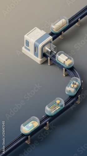3D rendering of capsule transport system on a track for innovative movement