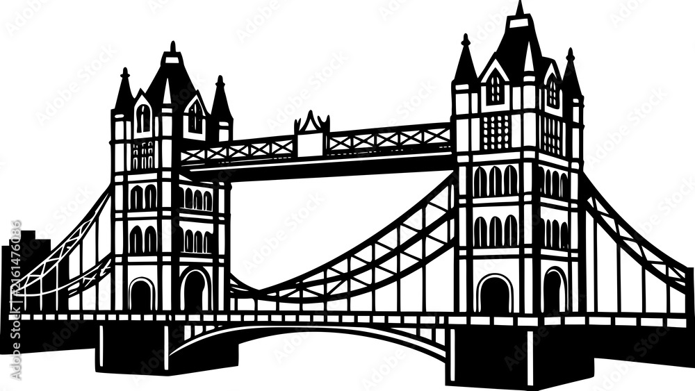 Obraz premium Tower Bridge London Silhouette Vector Illustration, Historic Gothic Landmark Architecture and Iconic City Bridge Drawing for Travel and European Tourism Design