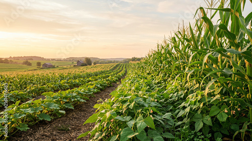 Rows of soybean and corn crops on rolling farmland with a distant farmhouse