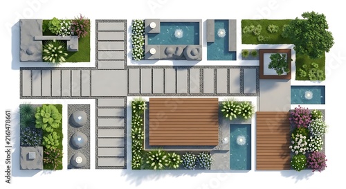 Top view of modern house garden design plan with pool and deck