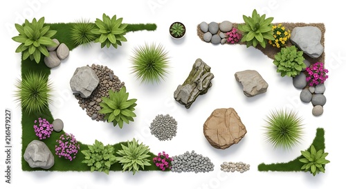 Top view of a small zen garden with green plants and gray stones