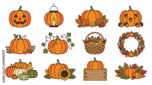 Autumn Pumpkins and Harvest Vector Set with Jack O'Lantern, Wreath, Basket, and Fall Elements.