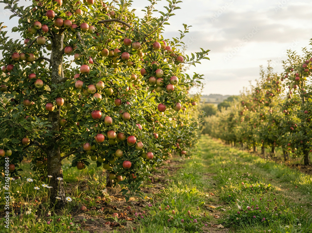 Fototapeta premium Rows of fruit trees heavy with ripe produce stretch through a sunlit orchard