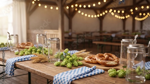 Bavarian Table Decoration with Hops Wheat and Pretzels Inside an Oktoberfest Beer Tent