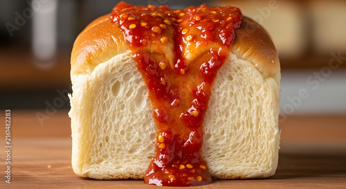 Fresh bread roll with vibrant red fruit compote dripping over transparent background