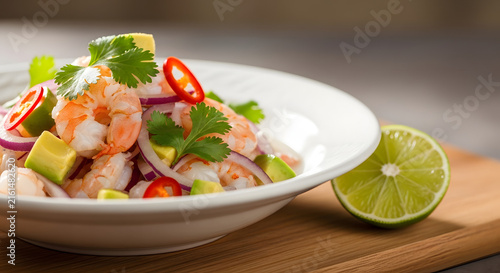 Fresh ceviche dish with shrimp avocado and lime on a wooden surface