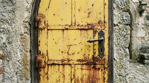 Vintage Weathered Yellow Metal Door Showing Signs of Rust with Classic Handle and Keyhole door yellow steel metal old decayed rust rusty weathered vintage handle keyhole lock textured background