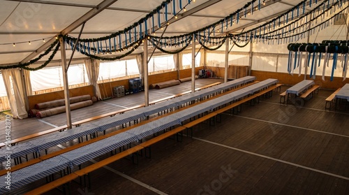 Oktoberfest Beer Tent Interior with Long Service Aisle and Prepared Dining Area