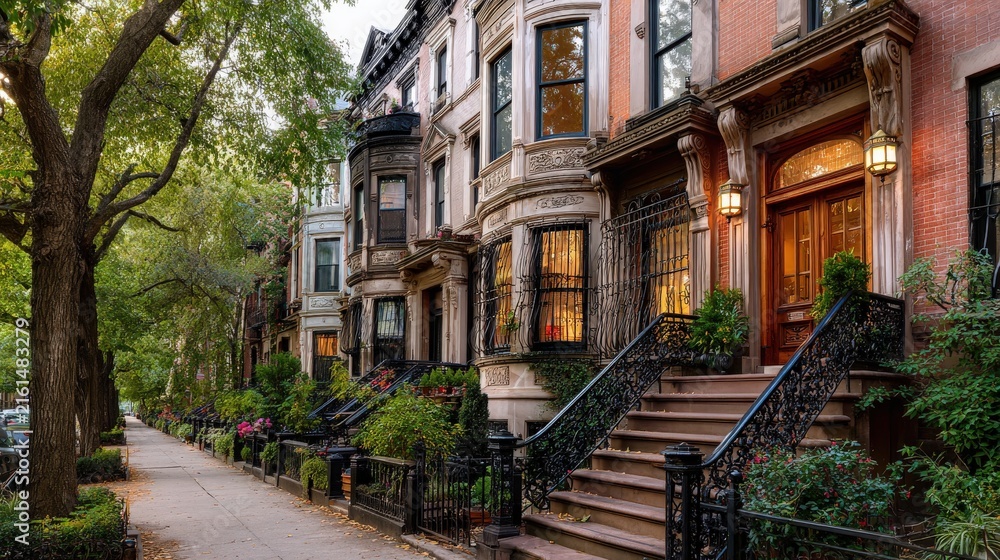 Fototapeta premium Historic Brownstone Rowhouses on a Tree Lined Street