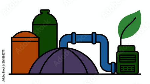 Biogas plant vector illustration, renewable energy factory with green leaf, sustainable biofuel production facility icon