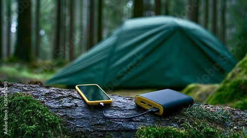 Power bank charging smartphone during camping in forest wilderness