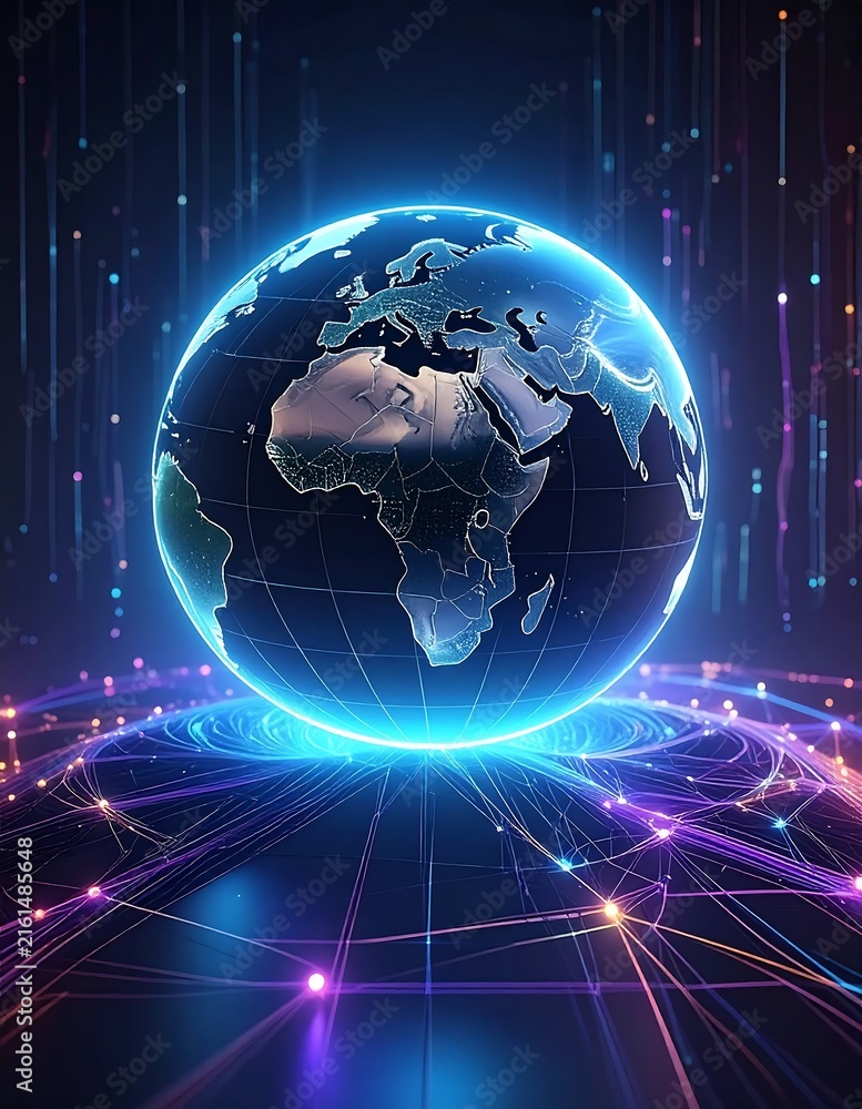 Naklejka premium Futuristic digital globe with glowing data streams.