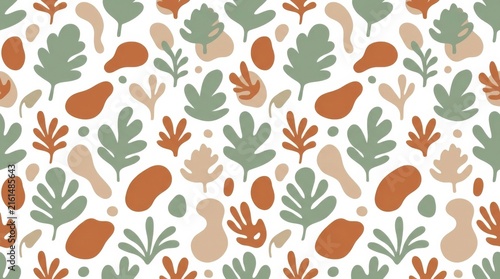 Vibrant abstract foliage and botanical pattern perfect for backgrounds or textile designs featuring natural earthy hues
