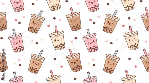 Adorable and vibrant design featuring cheerful bubble tea cups with happy faces and heart motifs
