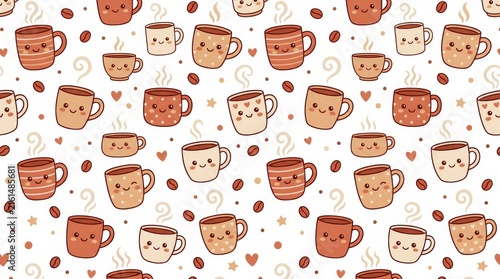 Charming pattern of cute coffee mugs and beans with smiling faces ideal for fun and whimsical designs