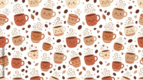 Delightful arrangement of adorable coffee mugs and beans in warm natural colors perfect for inviting and cozy designs