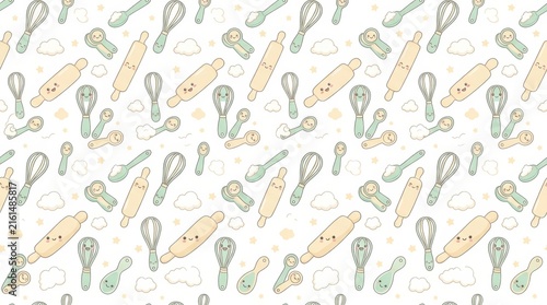 Playful kitchen tools design featuring rolling pins and whisks set against a soft light backdrop
