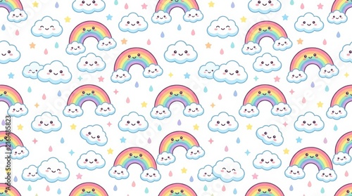 Playful design featuring vibrant rainbows and adorable smiling clouds against a soft background