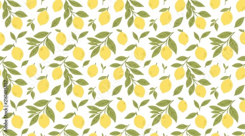 Hand drawn seamless pattern featuring lemons and leaves on a light background ideal for vibrant and fresh design projects
