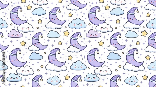 Charming design featuring playful moons clouds and stars in gentle pastel shades perfect for decorating children's spaces