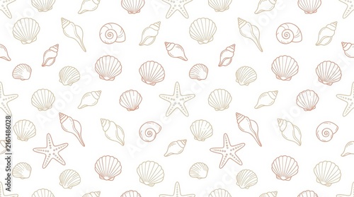 Seamless pattern of hand drawn seashells and starfish on a light background for nautical or coastal themes