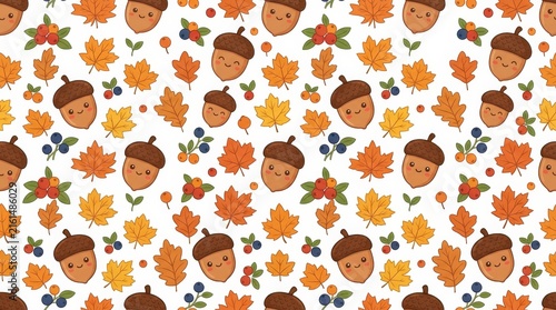 Whimsical autumn patterns showcasing acorns and vibrant leaves perfect for seasonal home decor