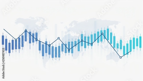 A light blue financial candlestick chart with a line graph and a subtle map background, representing global market, trends and economics