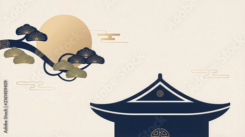 Chuseok Korean Thanksgiving Holiday Background Minimalist Design Featuring Traditional Hanok Architecture Roof Silhouette Pine Branch Golden Full Moon Decorative Clouds Lunar Festival Celebratory, 추석