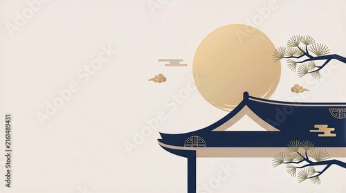 Chuseok Mid Autumn Festival Minimalist Illustration Korean Traditional Roof Architecture Gold Moon Pine Tree Branch Background Flat Graphic Design Concept Oriental Heritage Decorative Cultural, 추석