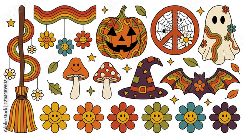 Retro Groovy Halloween Clipart Set with Ghost Pumpkin Bat and Flowers