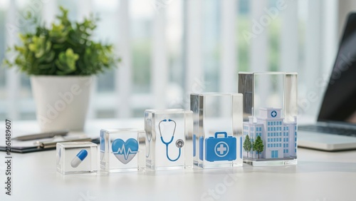 A set of five glass cubes with medical on a white desk, with a green plant and a blurred laptop in the background, of an office