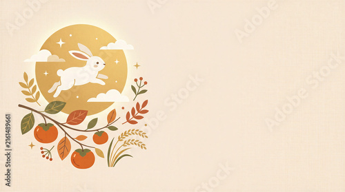 Mid Autumn Festival Chuseok Background with Cute Rabbit Leaping Over Full Moon Persimmon Branches Autumn Harvest Symbolism Flat Vector Illustration Design Elements for Traditional Korean Holiday, 추석