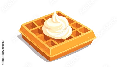 Golden brown waffle with whipped cream and strawberry.