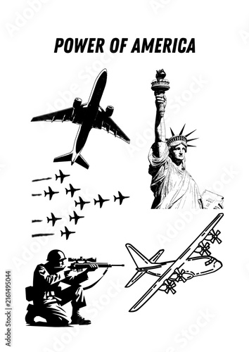 Plakat w ramie American Military Power and National Strength Illustration with Statue of Liberty