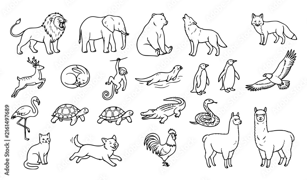 Naklejka premium Wildlife and domestic animal black line art collection with hand drawn vector illustrations
