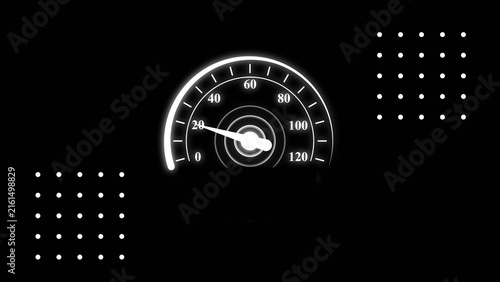 Digital speedometer gauge increasing performance and efficiency indicator white color 4k illustration. Car speedometer dashboard. Black background 4k illustration.