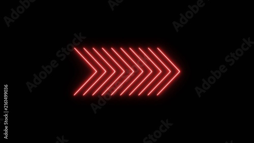 Direction arrow line neon bright symbol right indicator red color 4k illustration. Simple red pointer showing opposite direction. Black background 4k illustration.