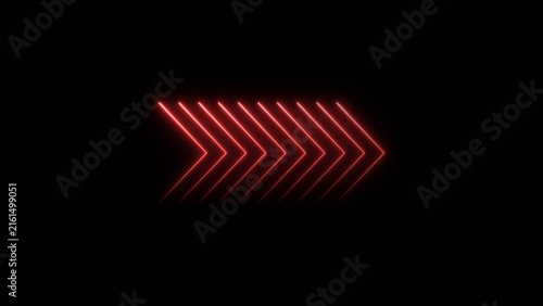 Direction arrow line neon bright symbol right indicator red color 4k illustration. Simple red pointer showing opposite direction. Black background 4k illustration.