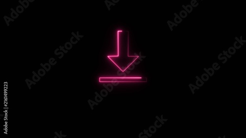 Direction arrow line neon bright symbol down indicator red color 4k illustration. Simple red pointer showing opposite direction. Black background 4k illustration.