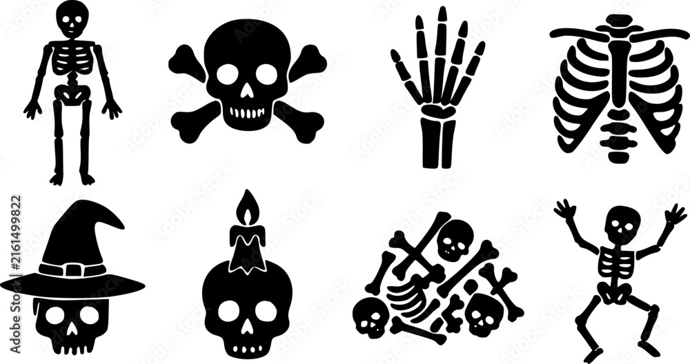 Naklejka premium Detailed black skeleton vector illustration featuring skulls, bones, hands, rib cages, and festive witch hats for creative Halloween design projects