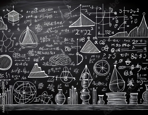 hand drawn math and science formulas on chalkboard background educational doodle style classroom texture for school design