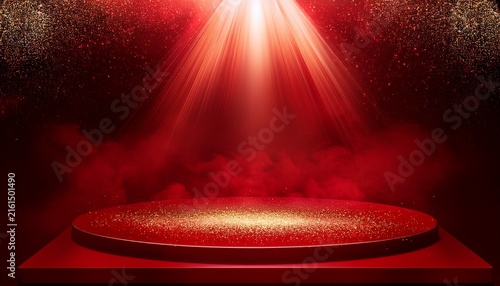 red background stage podium with red smoke golden spotlight and glitter on dark background theatre show and award ceremony concept red abstract background